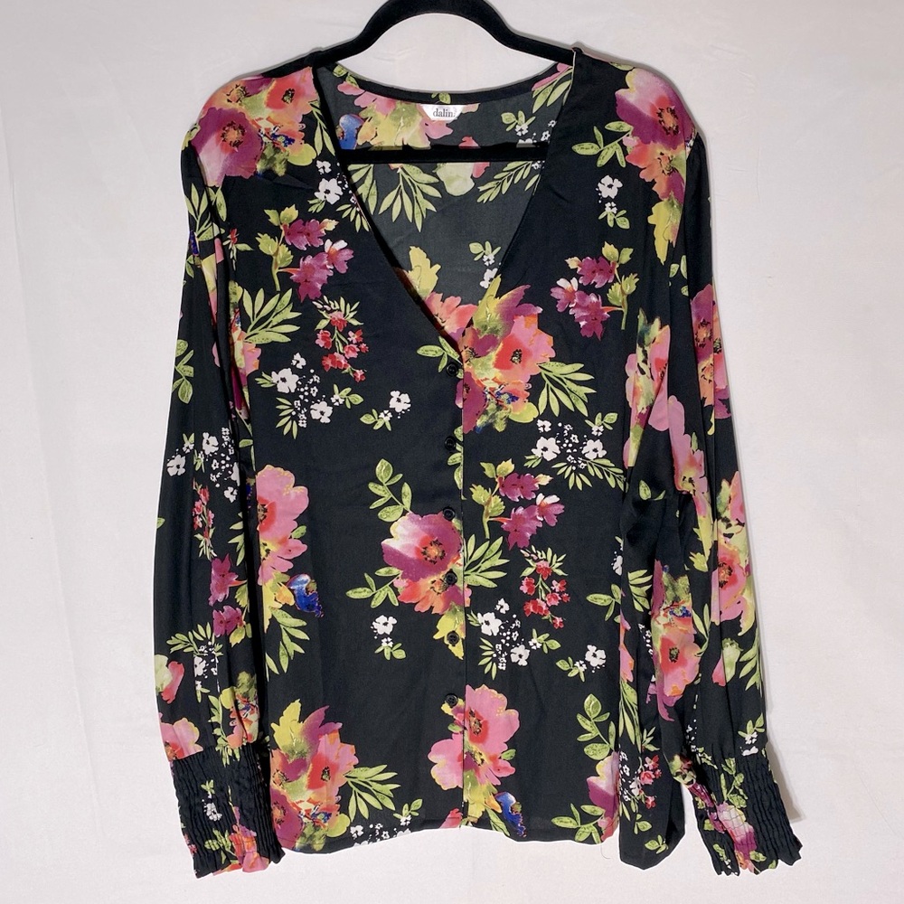 Dalia Black Pink Floral V Neck Button Front Blouse 3X